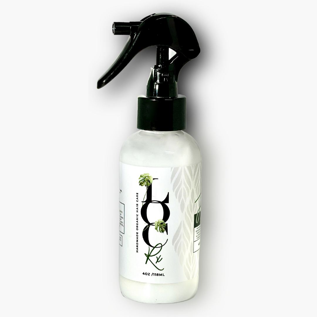 Flourish - Hydrating Loc Mist - LocRx Flourish Hydrating Loc Mist - natural, vegan, and cruelty-free hair mist that strengthens and promotes hair growth with omega 3, 6, and 9. Its herbal blend is rich in antioxidants that reduce bacteria and dryness, making it perfect for eczema, psoriasis, and dry scalp. Apply directly to hair and scalp for immediate hydration and nourishment. Suitable for all hair types, especially locs. Try Flourish Hydrating Loc Mist today for healthier and stronger hair.