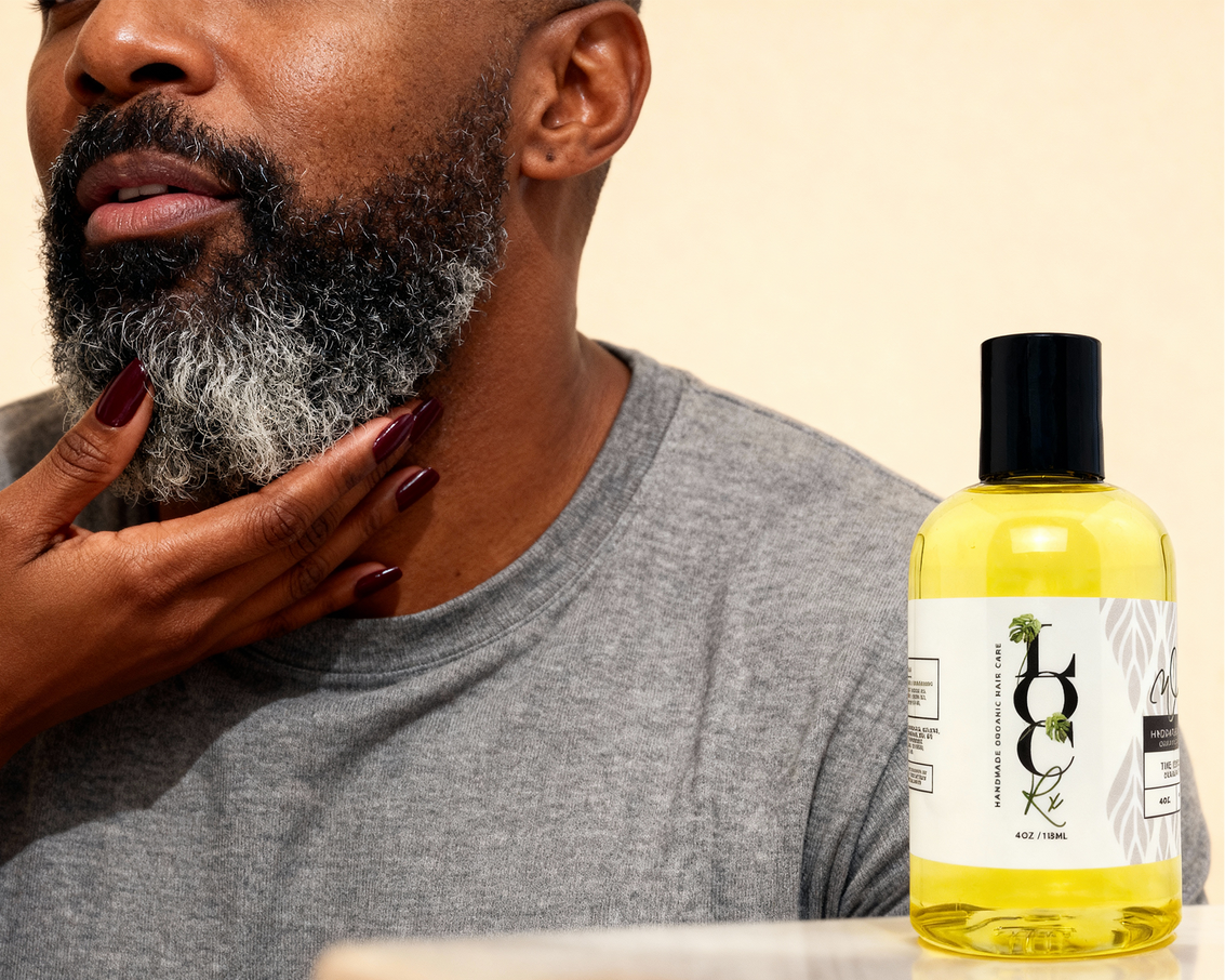 Man with a beard touching his neck next to a bottle of LOCs skincare product.