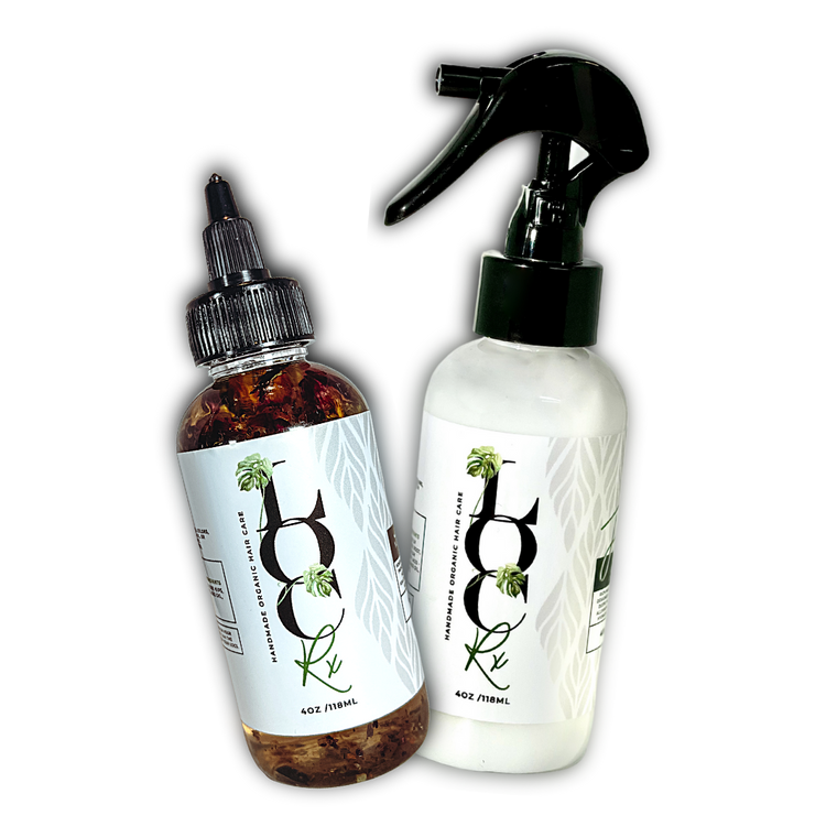 A bottle of Inches Nourishing Loc Oil with a label that reads "promotes healthy growth and protects locs". A blend of essential oils and extracts packed with vitamins K, E, B1, B5, B6, and C that strengthens and repairs hair while reducing thinning. Suitable for all hair types.