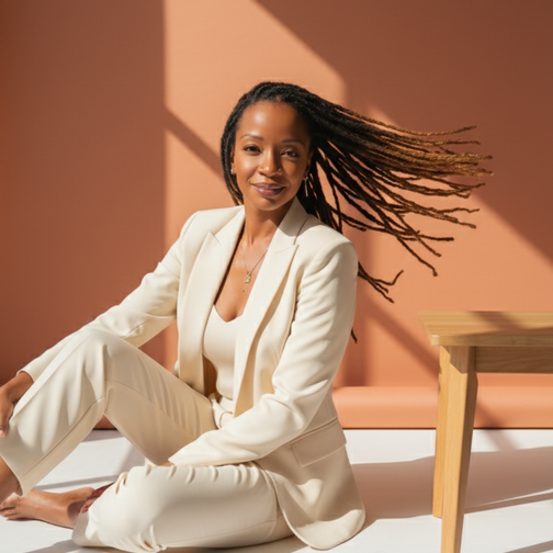 Woman in a white suit sitting on the floor with a pink wall and wooden table in the background