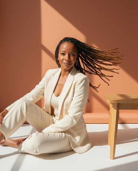 Woman in a white suit sitting on the floor with a pink wall and wooden table in the background
